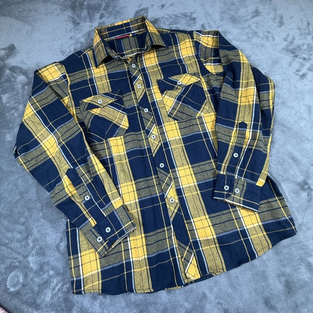 Design in Italy Luxury Men's Medium Yellow Blue Plaid Flannel Shirt Pockets